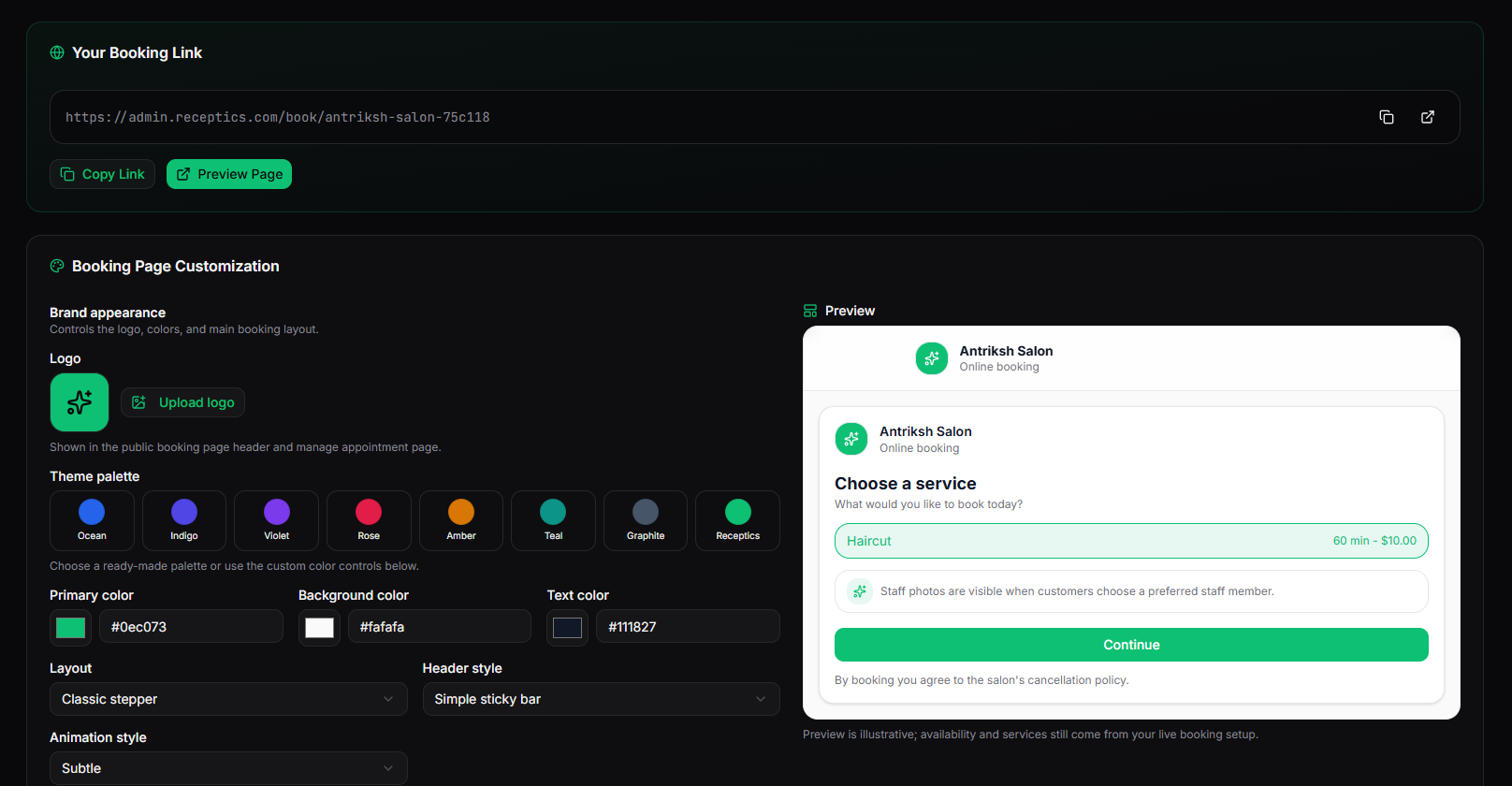 Receptics booking page customization editor