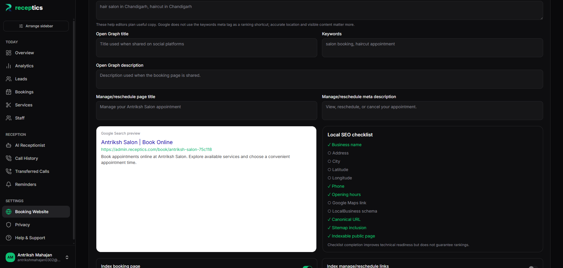Receptics booking website SEO configuration